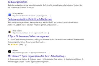 Keywords richtig platzieren: Screenshot zu Google-Suche "Selbstorganisation"