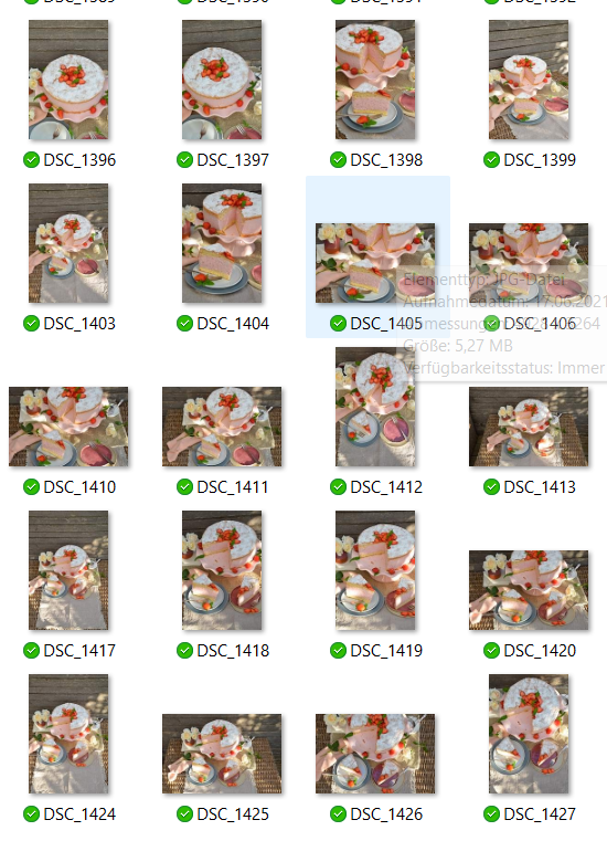 Screenshot von Bildern einer Erdbeer-Käsesahne-Torte mit DSC-Dateinamen